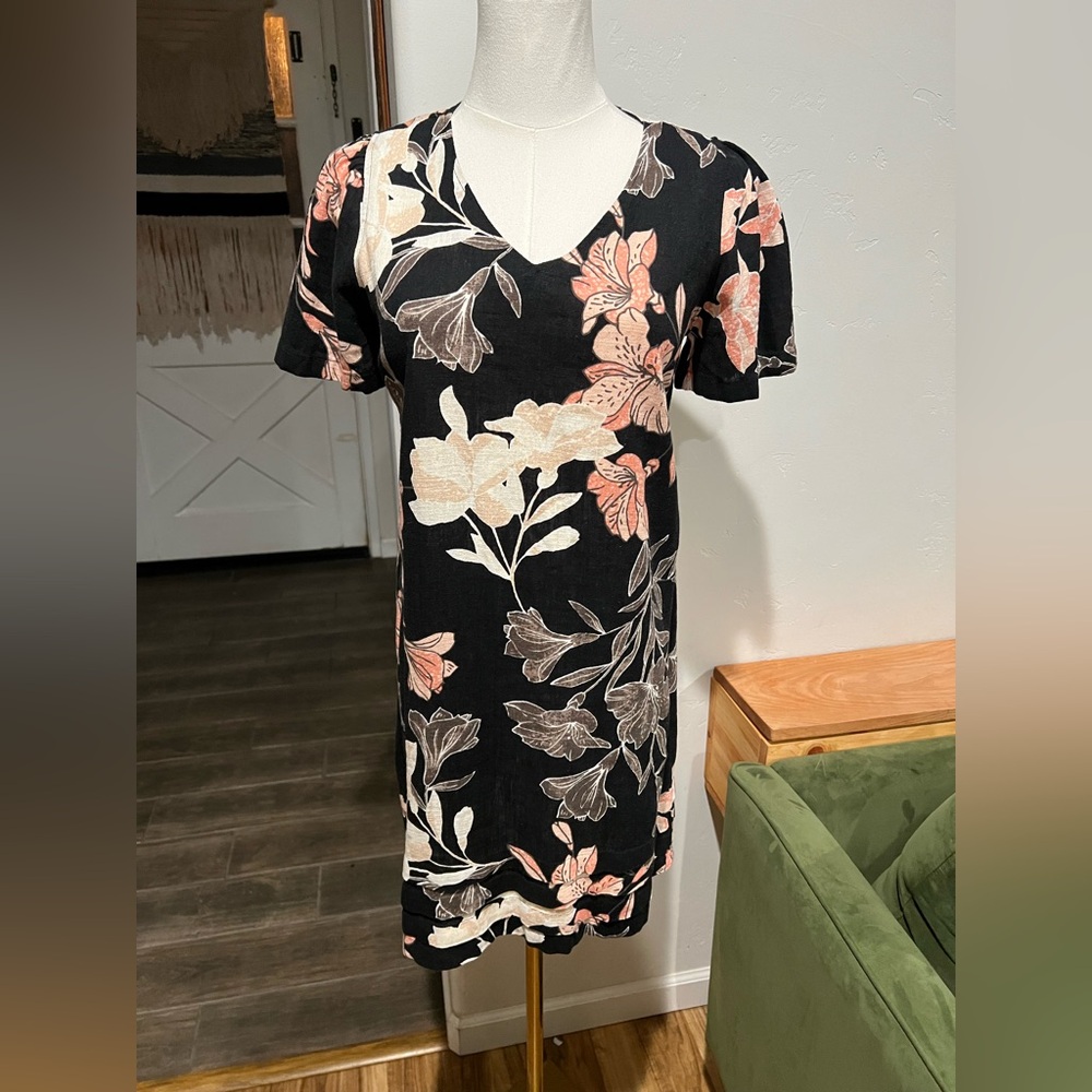 Nicole Miller Linen Blend Black Floral Dress